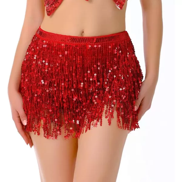 IDEALSANXUN Womens Sequin Skirts Tassel Sparkly Wrap Belly Dance Hip Skirt Rave OutfitsRed