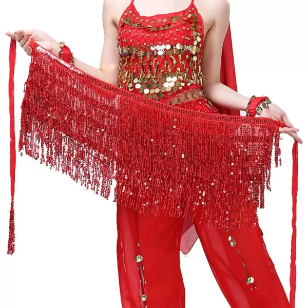 IDEALSANXUN Womens Sequin Skirts Tassel Sparkly Wrap Belly Dance Hip Skirt Rave OutfitsRed