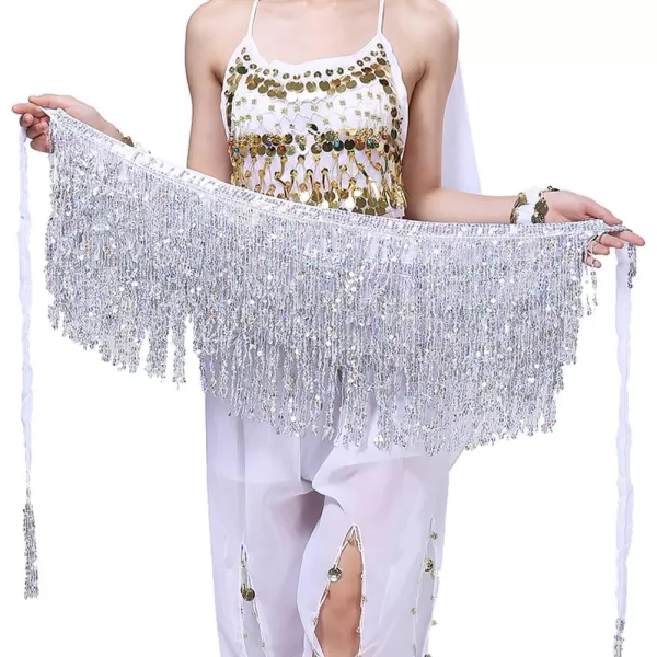 IDEALSANXUN Womens Sequin Skirts Tassel Sparkly Wrap Belly Dance Hip Skirt Rave OutfitsSilver