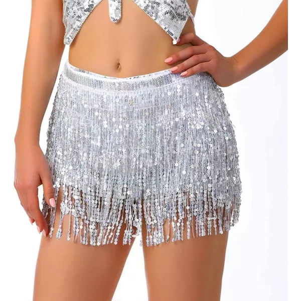 IDEALSANXUN Womens Sequin Skirts Tassel Sparkly Wrap Belly Dance Hip Skirt Rave OutfitsSilver