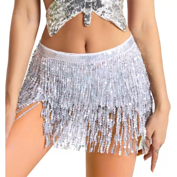 IDEALSANXUN Womens Sequin Skirts Tassel Sparkly Wrap Belly Dance Hip Skirt Rave OutfitsSilver