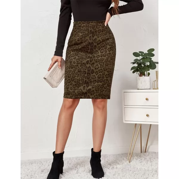 IDEALSANXUN Womens Suede Leopard Pencil Skirt Fall Winter High Wiaisted Stretch Bodycon Midi SkirtArmy