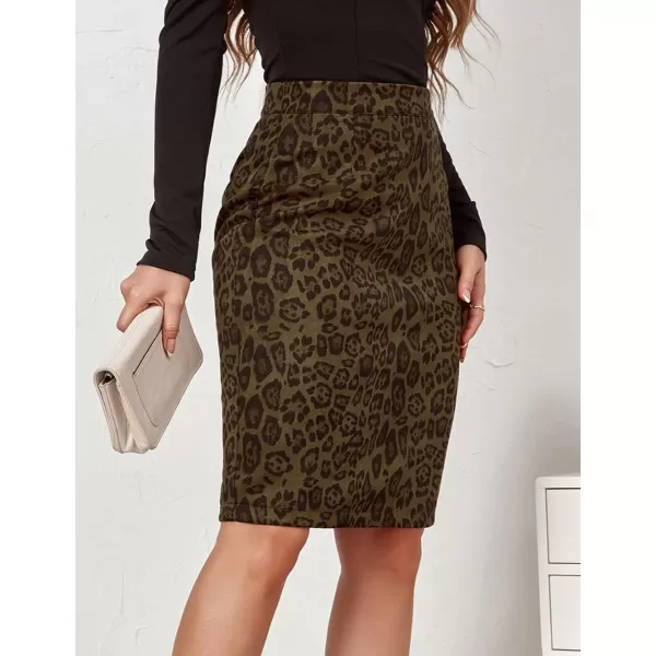 IDEALSANXUN Womens Suede Leopard Pencil Skirt Fall Winter High Wiaisted Stretch Bodycon Midi SkirtArmy