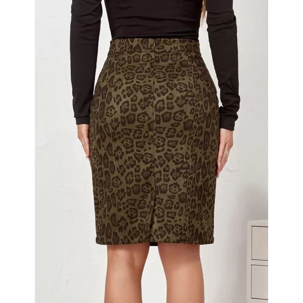 IDEALSANXUN Womens Suede Leopard Pencil Skirt Fall Winter High Wiaisted Stretch Bodycon Midi SkirtArmy