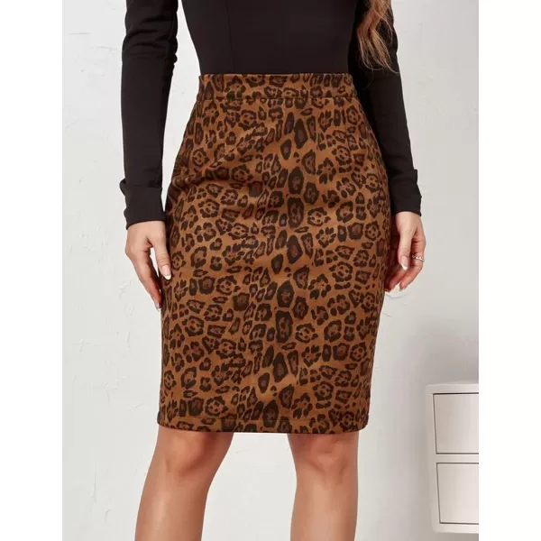 IDEALSANXUN Womens Suede Leopard Pencil Skirt Fall Winter High Wiaisted Stretch Bodycon Midi SkirtKhaki