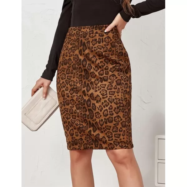 IDEALSANXUN Womens Suede Leopard Pencil Skirt Fall Winter High Wiaisted Stretch Bodycon Midi SkirtKhaki