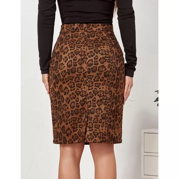 IDEALSANXUN Womens Suede Leopard Pencil Skirt Fall Winter High Wiaisted Stretch Bodycon Midi SkirtKhaki