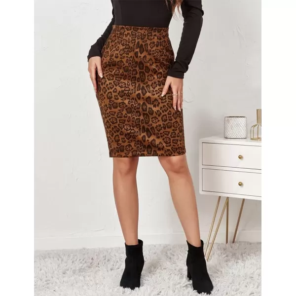 IDEALSANXUN Womens Suede Leopard Pencil Skirt Fall Winter High Wiaisted Stretch Bodycon Midi SkirtKhaki