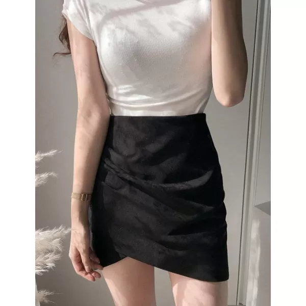 IDEALSANXUN Womens Suede Mini Skirt Fall Winter High Waisted Tulip Hem Stretch Wrap Bodycon Short SkirtBlack