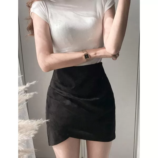 IDEALSANXUN Womens Suede Mini Skirt Fall Winter High Waisted Tulip Hem Stretch Wrap Bodycon Short SkirtBlack