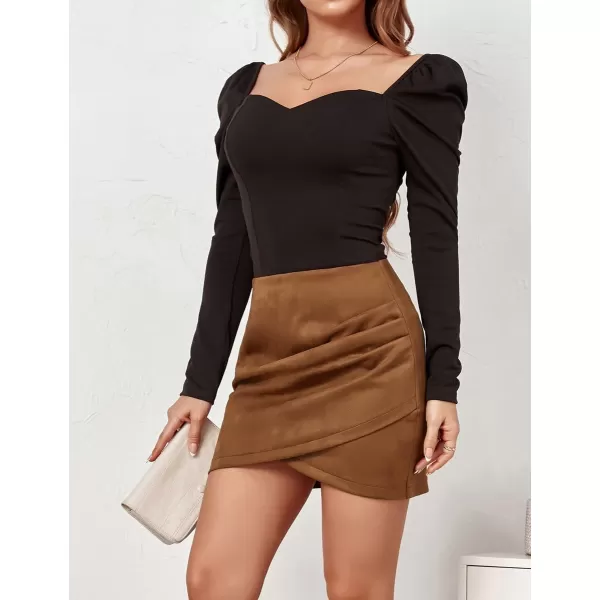 IDEALSANXUN Womens Suede Mini Skirt Fall Winter High Waisted Tulip Hem Stretch Wrap Bodycon Short SkirtBrown