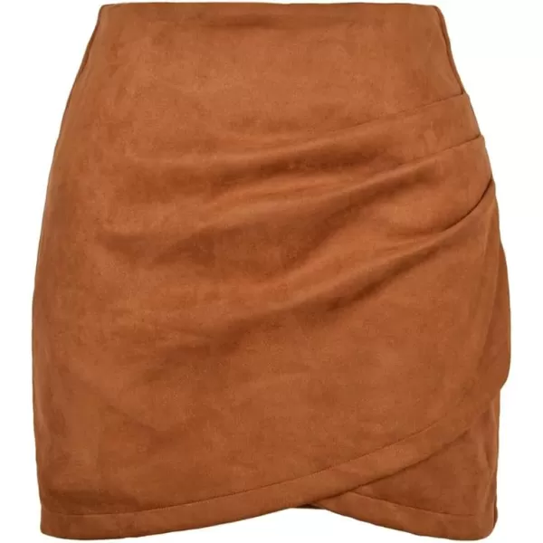 IDEALSANXUN Womens Suede Mini Skirt Fall Winter High Waisted Tulip Hem Stretch Wrap Bodycon Short SkirtCamel