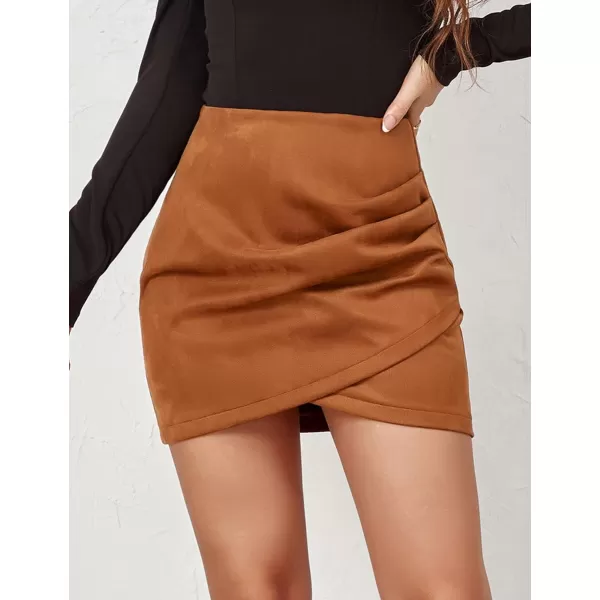 IDEALSANXUN Womens Suede Mini Skirt Fall Winter High Waisted Tulip Hem Stretch Wrap Bodycon Short SkirtCamel