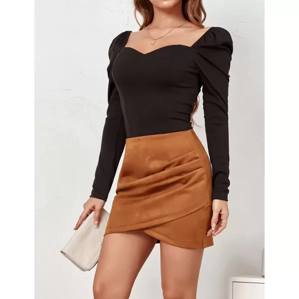 IDEALSANXUN Womens Suede Mini Skirt Fall Winter High Waisted Tulip Hem Stretch Wrap Bodycon Short SkirtCamel