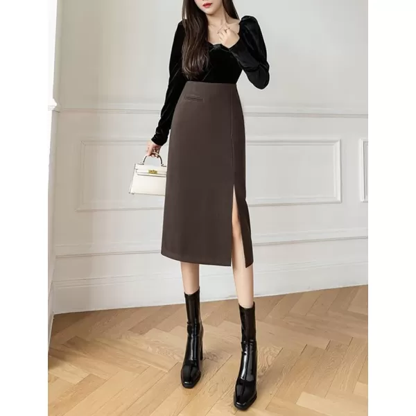IDEALSANXUN Womens Wool Pencil Midi Skirt Fall Winter High Waisted Bodycon Skirt with SlitCoffee