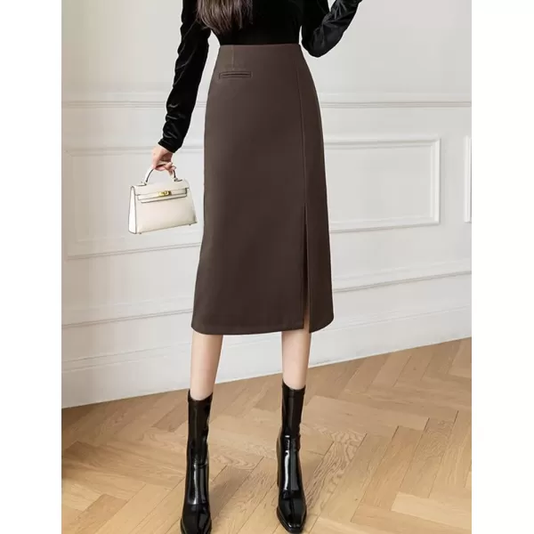 IDEALSANXUN Womens Wool Pencil Midi Skirt Fall Winter High Waisted Bodycon Skirt with SlitCoffee