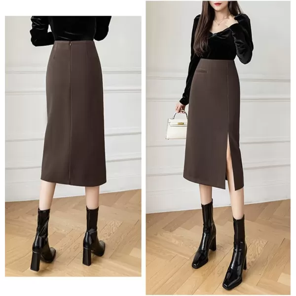 IDEALSANXUN Womens Wool Pencil Midi Skirt Fall Winter High Waisted Bodycon Skirt with SlitCoffee