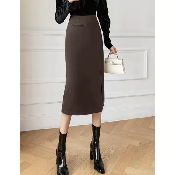 IDEALSANXUN Womens Wool Pencil Midi Skirt Fall Winter High Waisted Bodycon Skirt with SlitCoffee
