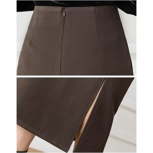 IDEALSANXUN Womens Wool Pencil Midi Skirt Fall Winter High Waisted Bodycon Skirt with SlitCoffee