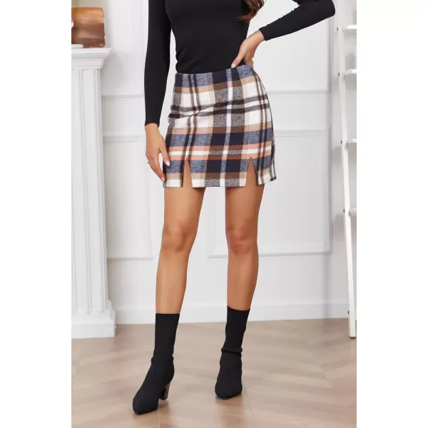 IDEALSANXUN Womens Wool Plaid Mini Skirt Fall Winter Fashion Short Bodycon Pencil Skirt with SlitBrown