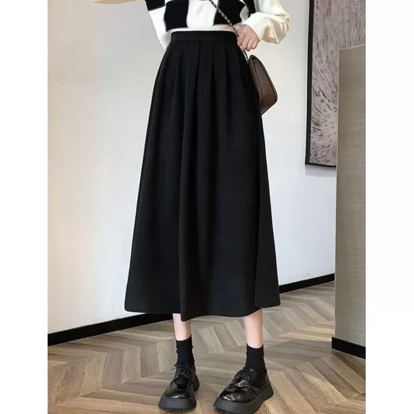 IDEALSANXUN Wool A Line Midi Skirts for Women 2023 Fall Winter Elastic High Waisted Flared Pleated Skirt with PocketsBlack