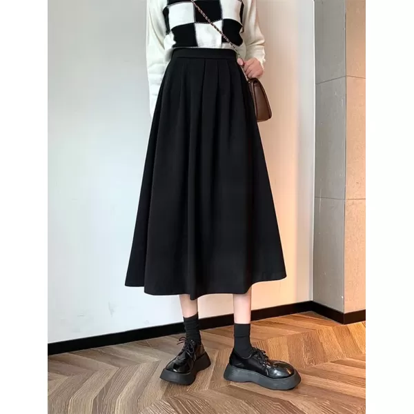 IDEALSANXUN Wool A Line Midi Skirts for Women 2023 Fall Winter Elastic High Waisted Flared Pleated Skirt with PocketsBlack