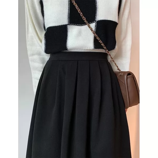 IDEALSANXUN Wool A Line Midi Skirts for Women 2023 Fall Winter Elastic High Waisted Flared Pleated Skirt with PocketsBlack