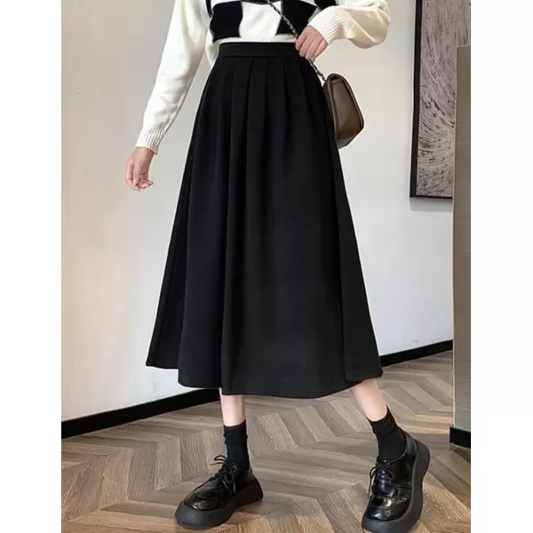 IDEALSANXUN Wool A Line Midi Skirts for Women 2023 Fall Winter Elastic High Waisted Flared Pleated Skirt with PocketsBlack