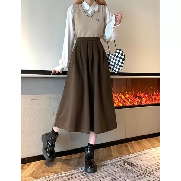 IDEALSANXUN Wool A Line Midi Skirts for Women 2023 Fall Winter Elastic High Waisted Flared Pleated Skirt with PocketsCoffee