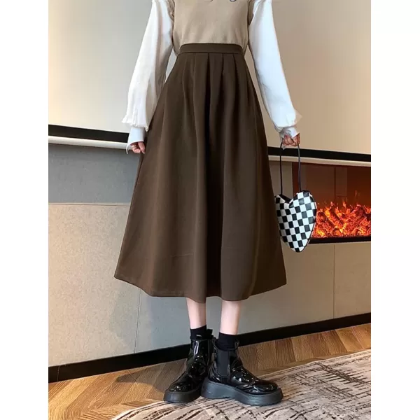 IDEALSANXUN Wool A Line Midi Skirts for Women 2023 Fall Winter Elastic High Waisted Flared Pleated Skirt with PocketsCoffee