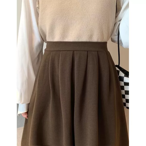IDEALSANXUN Wool A Line Midi Skirts for Women 2023 Fall Winter Elastic High Waisted Flared Pleated Skirt with PocketsCoffee