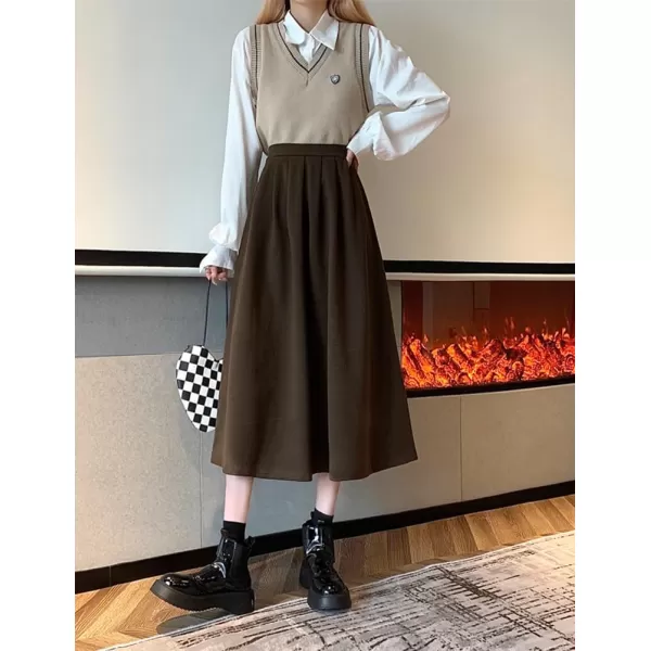 IDEALSANXUN Wool A Line Midi Skirts for Women 2023 Fall Winter Elastic High Waisted Flared Pleated Skirt with PocketsCoffee