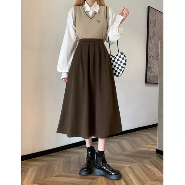 IDEALSANXUN Wool A Line Midi Skirts for Women 2023 Fall Winter Elastic High Waisted Flared Pleated Skirt with PocketsCoffee