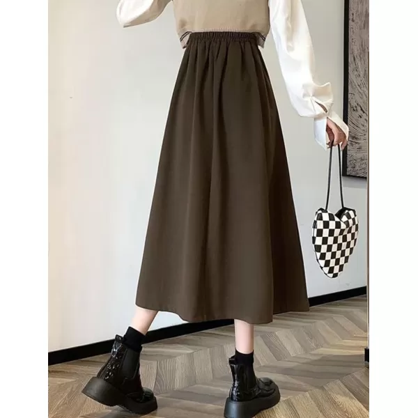 IDEALSANXUN Wool A Line Midi Skirts for Women 2023 Fall Winter Elastic High Waisted Flared Pleated Skirt with PocketsCoffee