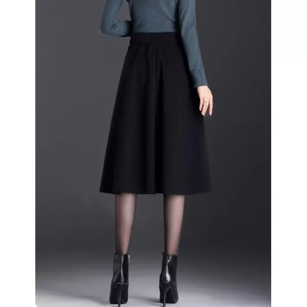 IDEALSANXUN Wool A Line Skirts for Women 2023 Fall Winter Elastic High Waisted Flared Pleated Midi Skirt with PocketsBlack