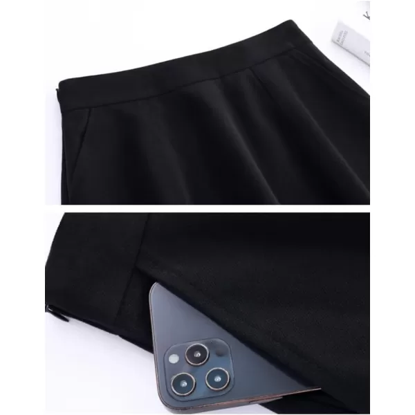 IDEALSANXUN Wool A Line Skirts for Women 2023 Fall Winter Elastic High Waisted Flared Pleated Midi Skirt with PocketsBlack