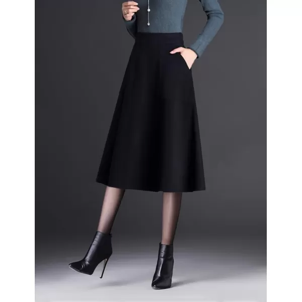 IDEALSANXUN Wool A Line Skirts for Women 2023 Fall Winter Elastic High Waisted Flared Pleated Midi Skirt with PocketsBlack