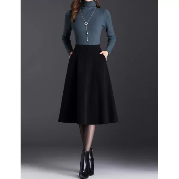 IDEALSANXUN Wool A Line Skirts for Women 2023 Fall Winter Elastic High Waisted Flared Pleated Midi Skirt with PocketsBlack