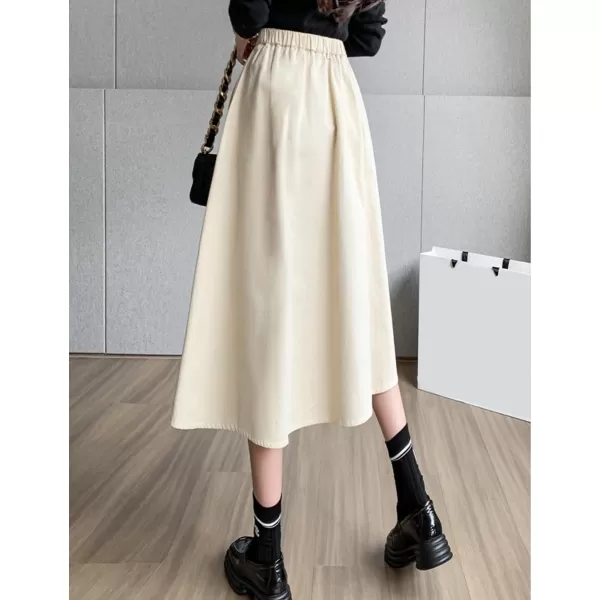 IDEALSANXUN Wool Maxi Skirt for Women High Waisted Pleated A line Ruffle Fall Winter Skirts with PocketsBeige