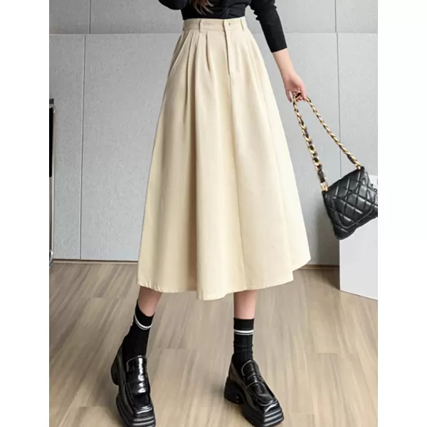 IDEALSANXUN Wool Maxi Skirt for Women High Waisted Pleated A line Ruffle Fall Winter Skirts with PocketsBeige