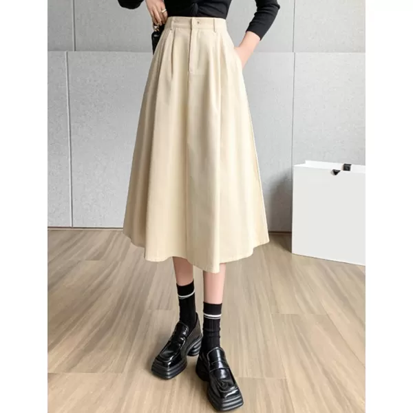 IDEALSANXUN Wool Maxi Skirt for Women High Waisted Pleated A line Ruffle Fall Winter Skirts with PocketsBeige