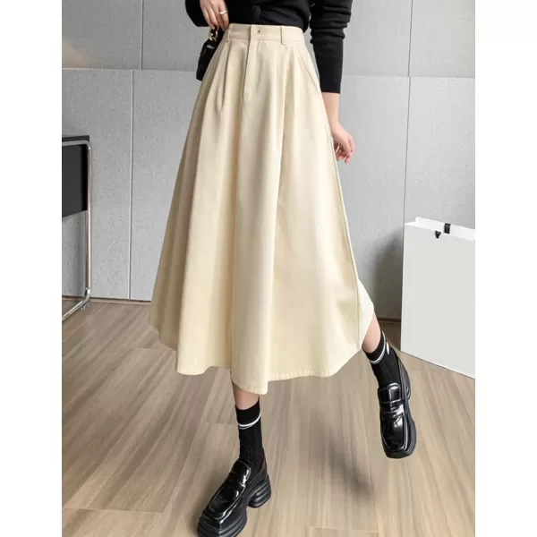 IDEALSANXUN Wool Maxi Skirt for Women High Waisted Pleated A line Ruffle Fall Winter Skirts with PocketsBeige