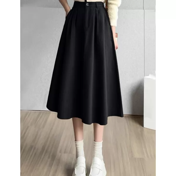 IDEALSANXUN Wool Maxi Skirt for Women High Waisted Pleated A line Ruffle Fall Winter Skirts with PocketsBlack