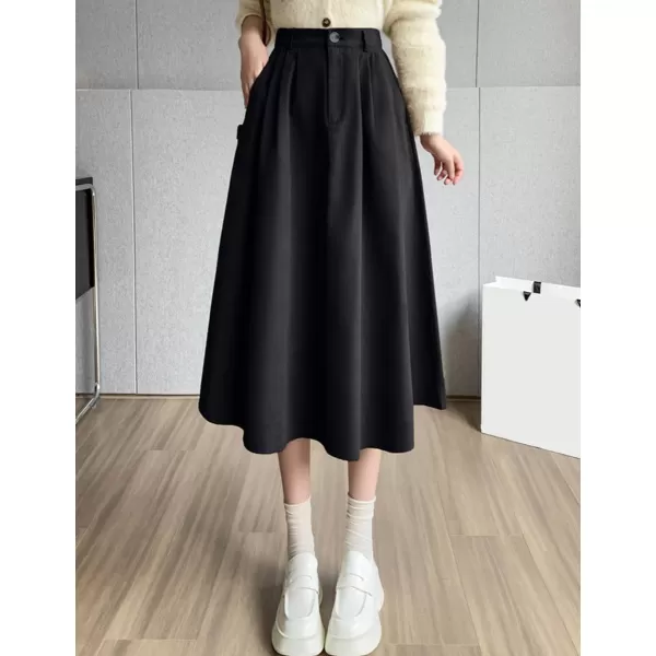 IDEALSANXUN Wool Maxi Skirt for Women High Waisted Pleated A line Ruffle Fall Winter Skirts with PocketsBlack