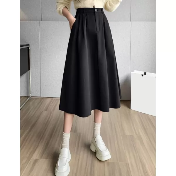 IDEALSANXUN Wool Maxi Skirt for Women High Waisted Pleated A line Ruffle Fall Winter Skirts with PocketsBlack