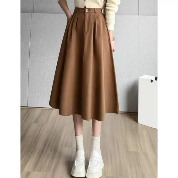 IDEALSANXUN Wool Maxi Skirt for Women High Waisted Pleated A line Ruffle Fall Winter Skirts with PocketsCoffee