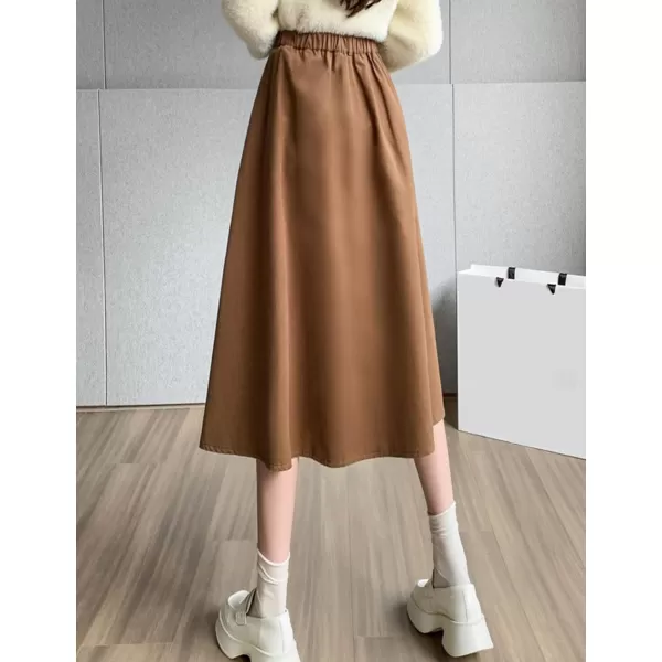 IDEALSANXUN Wool Maxi Skirt for Women High Waisted Pleated A line Ruffle Fall Winter Skirts with PocketsCoffee