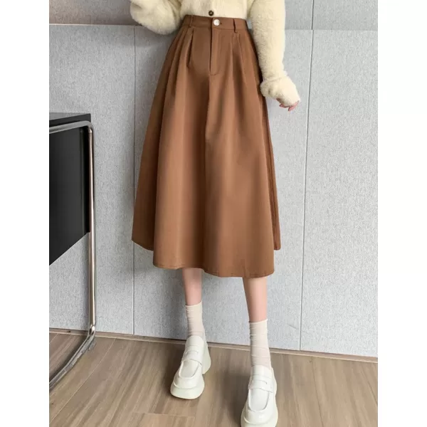 IDEALSANXUN Wool Maxi Skirt for Women High Waisted Pleated A line Ruffle Fall Winter Skirts with PocketsCoffee