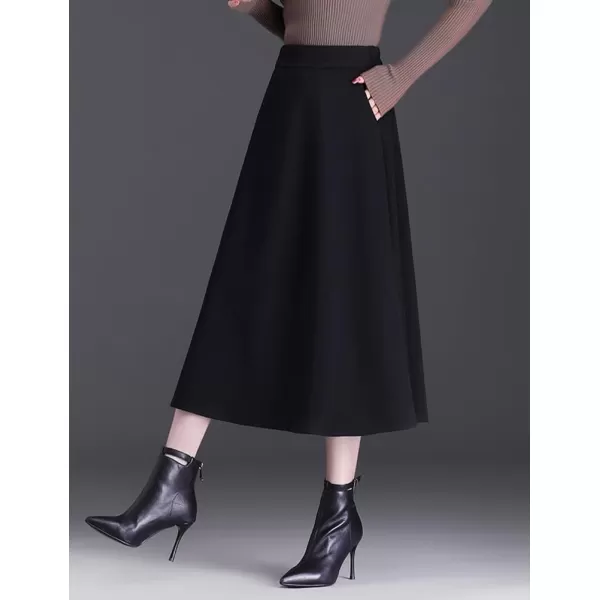 IDEALSANXUN Wool Maxi Skirt for Women High Waisted Pleated Fall Winter A Line Ruffle 2023 Trendy Long SkirtsBlack