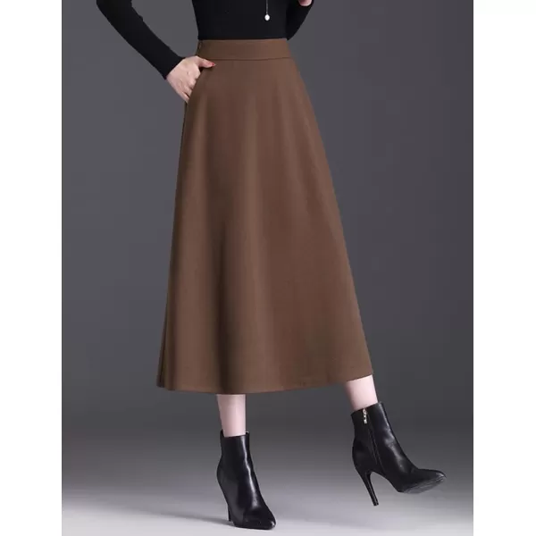IDEALSANXUN Wool Maxi Skirt for Women High Waisted Pleated Fall Winter A Line Ruffle 2023 Trendy Long SkirtsCoffee
